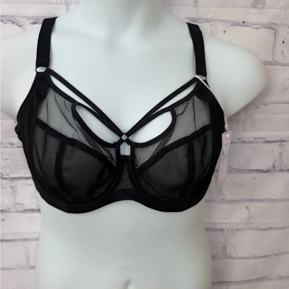 Elomi Sachi Plunge Bra Underwire Unlined‎ USA 38DDD Strappy Sheer Black New